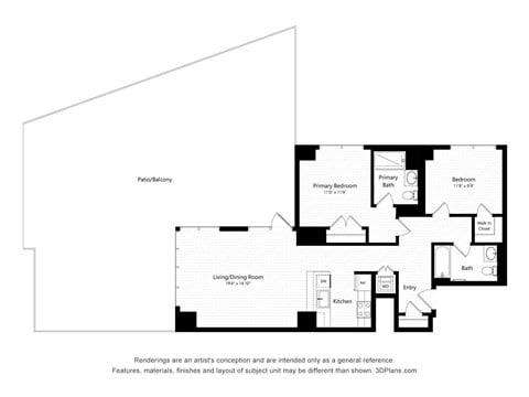 Floor plan for 2 beds, 2 baths, 1066 sqft
